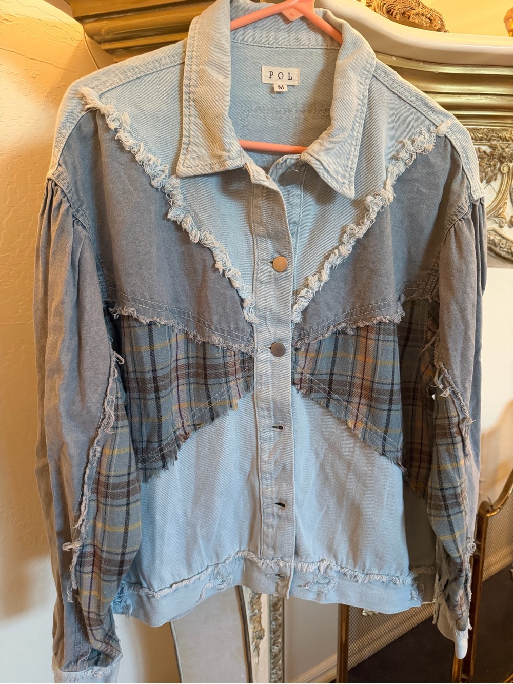 POL Light Blue Denim Jacket with Plaid Accents